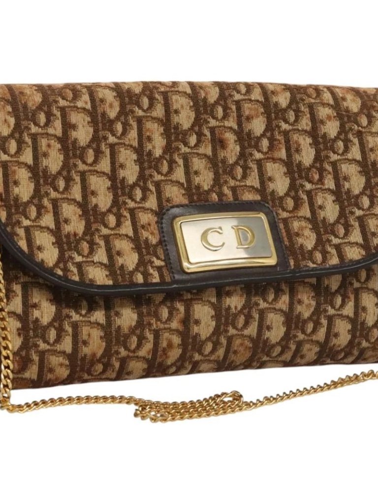 Christian Dior Trotter Canvas Chain Shoulder Bag Brown Gold Auth 117785
